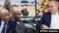 Путин, африканские лидеры, танк, наемник, хлеб и саванна. Коллаж