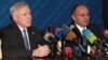 Armenia - Defense Minister Seyran Ohanian (R) and visiting U.S. Secretary of the Navy Ray Mabus at a news conference in Yerevan, 29Oct2012.