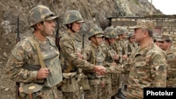 Armenia - Defense Minister Seyran Ohanian meets soldiers on frontline duty on the border with Azerbaijan, 5Aug2013.
