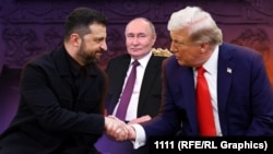 Владимир Зеленский (чап), Владимир Путин (байн) ва Доналд Трамп (рост). Коллаж